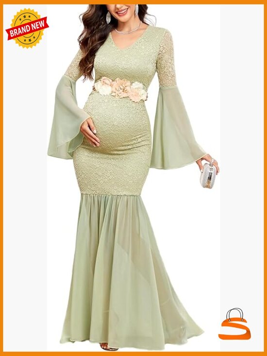 Dresses & Skirts - Maternity Lace Chiffon Mermaid Gown Bell Sleeve V-Neck Maxi Dress Photoshoot